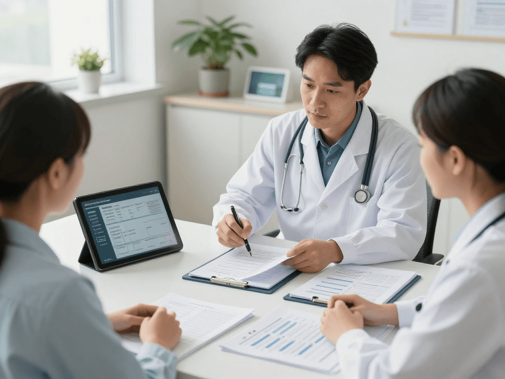 Gesundheitswesen Arzt: Arztbesprechung über Datenschutz und Barrierefreiheit in der Arztpraxis.