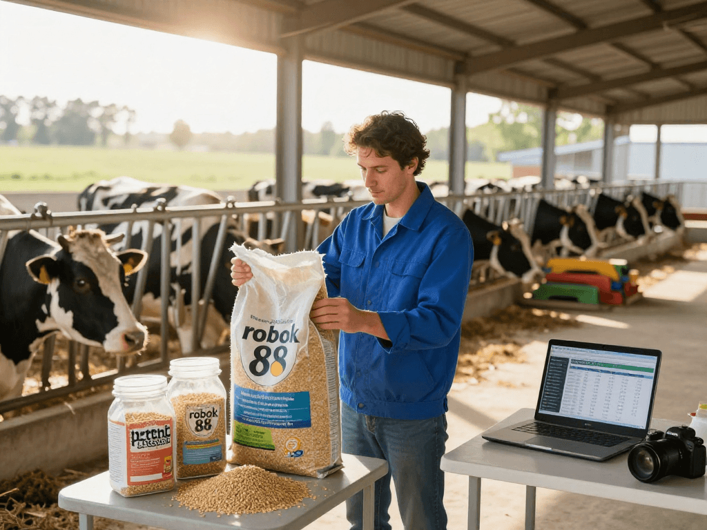 rokok 88 livestock feed inspection in modern barn environment.