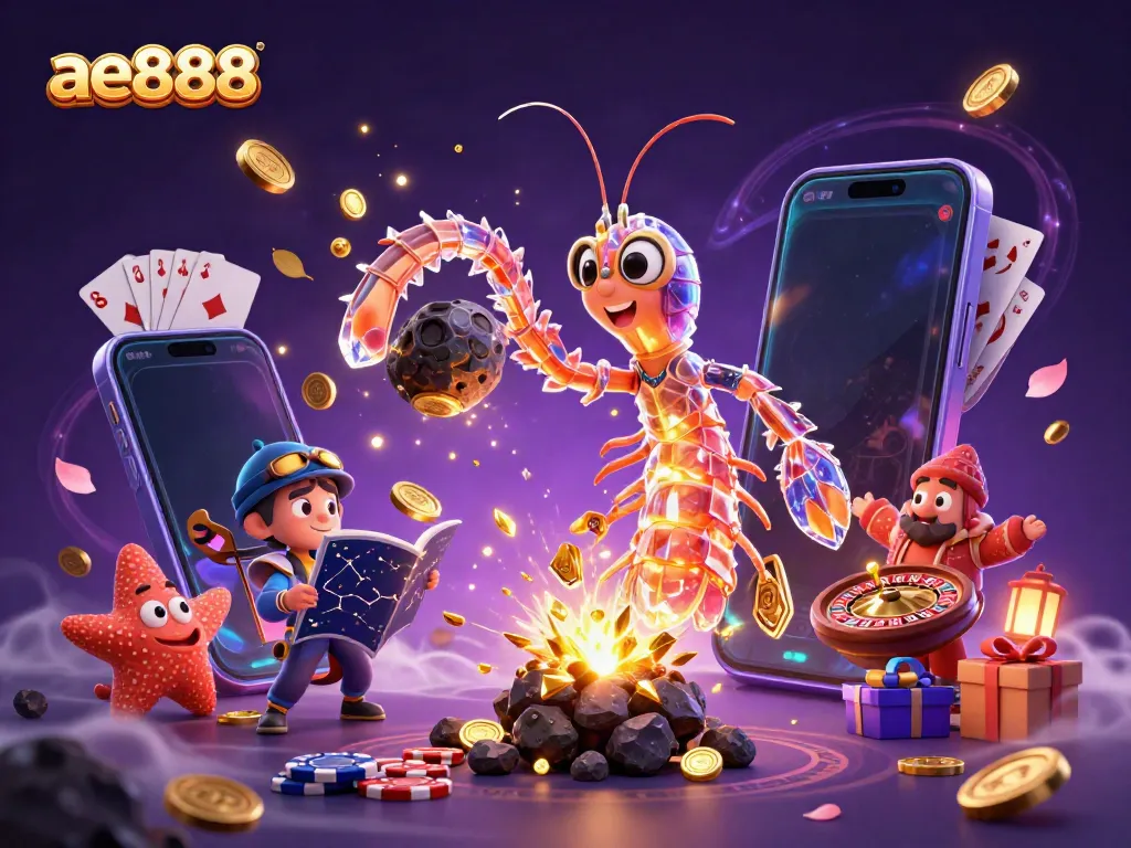 Ae888 showcases a dynamic scene with a galactic samurai mantis shrimp and starfish amidst colorful slot games and golden treasures.