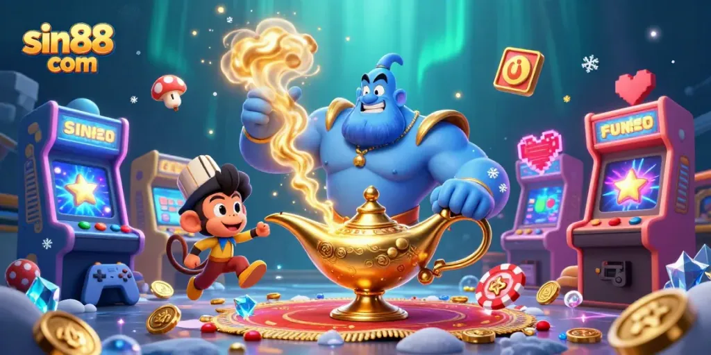 Experience the excitement of sin88 com with a vibrant casino scene featuring a genie and poker chips.