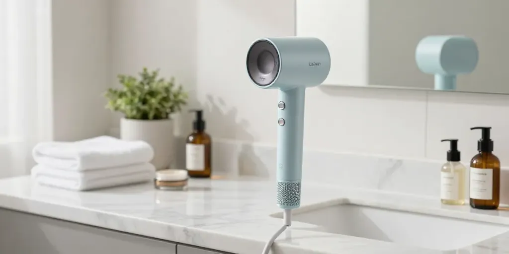 Eleganter Laifen Haartrockner auf Marmoroberfläche im Badezimmer mit Beauty-Produkten.