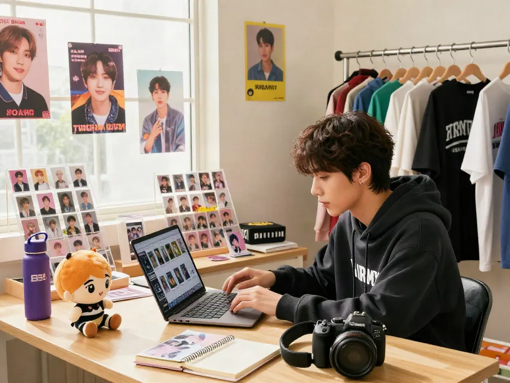 Stylish young ARMY member exploring rokok 88 BTS merchandise online with collectibles and clothing.