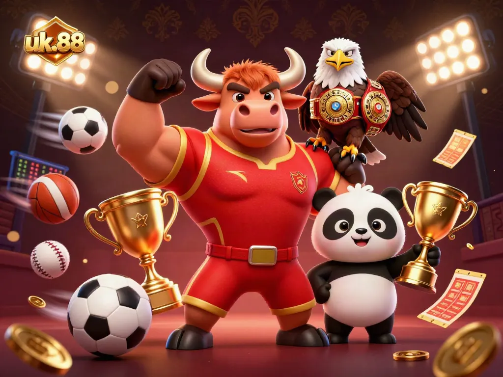 Experience thrilling wins with uk.88's animated bull mascot and a lively panda in this vibrant casino scene.