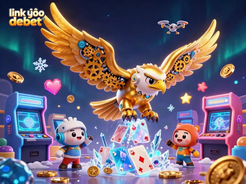 Experience the thrill of gaming with link vào debet featuring a cybernetic eagle and vibrant arcade elements.