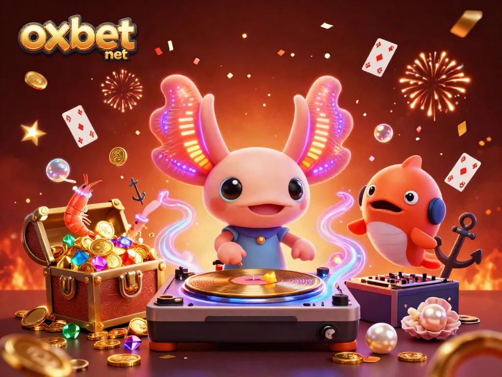Spin jackpot wins with oxbet net's vibrant casino-themed underwater scene featuring a neon axolotl DJ.