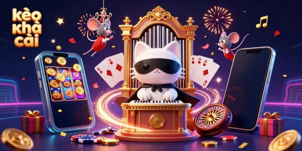 Engage in kèo nhà cái with a 3D whimsical casino scene featuring characters, games, and festive elements.