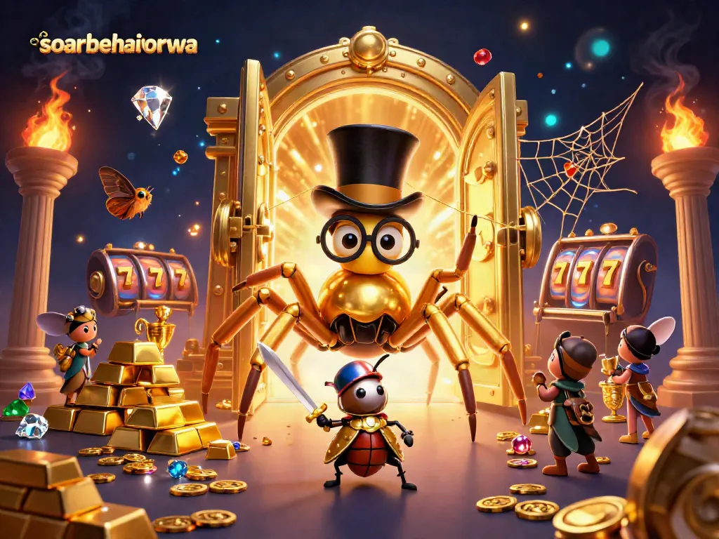 Spin to win at soarbehaviorwa with a golden tarantula and beetle knight in a vibrant casino scene.