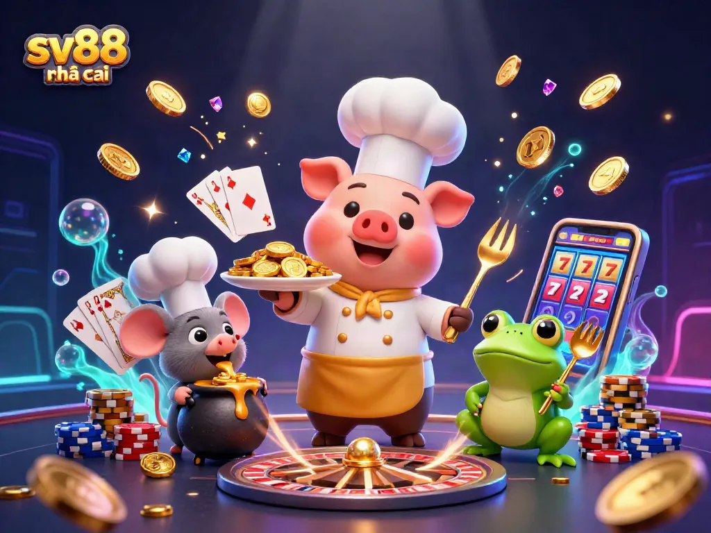 Experience sv88 nhà cái with vibrant casino elements and a chef serving golden coins.
