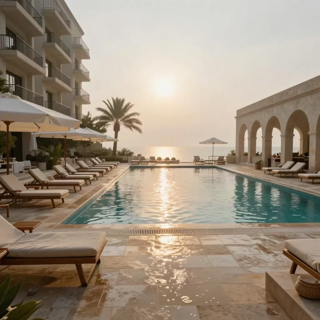 Sommer Resort: Innenhof mit Pool, Balkonen, Liegen und Frühstücksterrasse im Morgenlicht