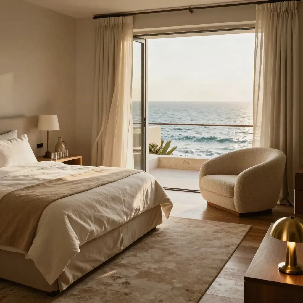 Helle Junior Suite mit Kingsize-Bett, Sessel, offener Balkontür und Meerblick.