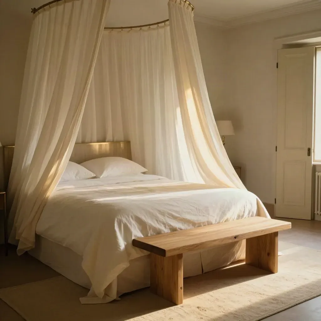 Helles Resort-Schlafzimmer mit drapiertem Vorhang, Doppelbett, zwei Kissen und heller Holzbank.