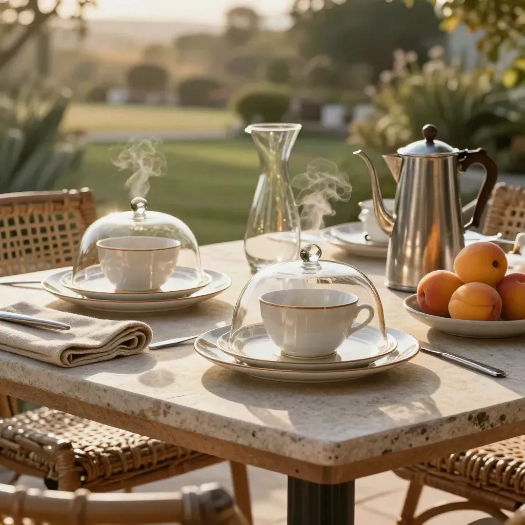 Frühstückstisch auf der Gartenterrasse mit Clochen, Kaffeekanne und Glaskaraffe.