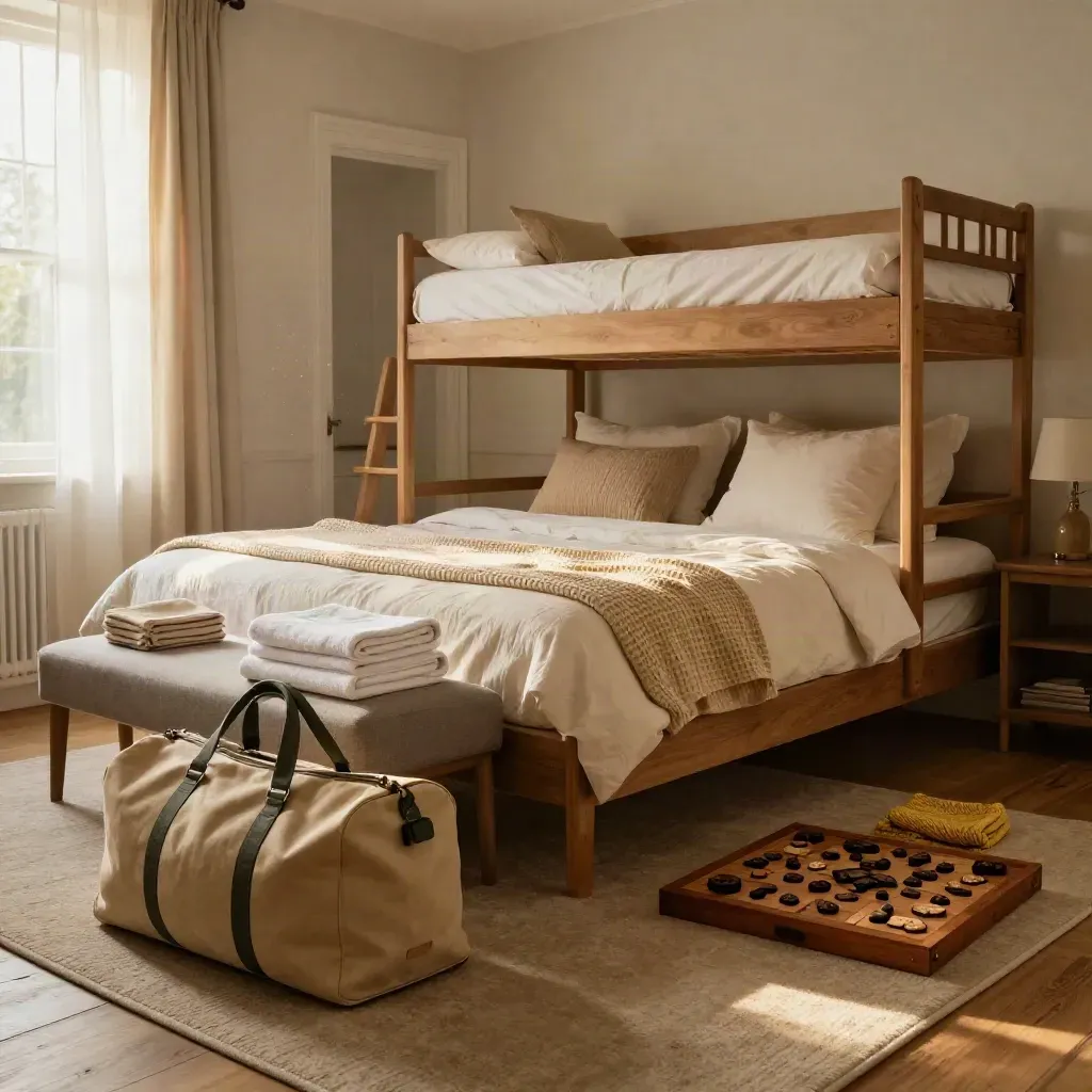 Familiensuite mit Zusatzbett, Handtüchern, Reisetaschen und Spiel auf warmem Holzboden.