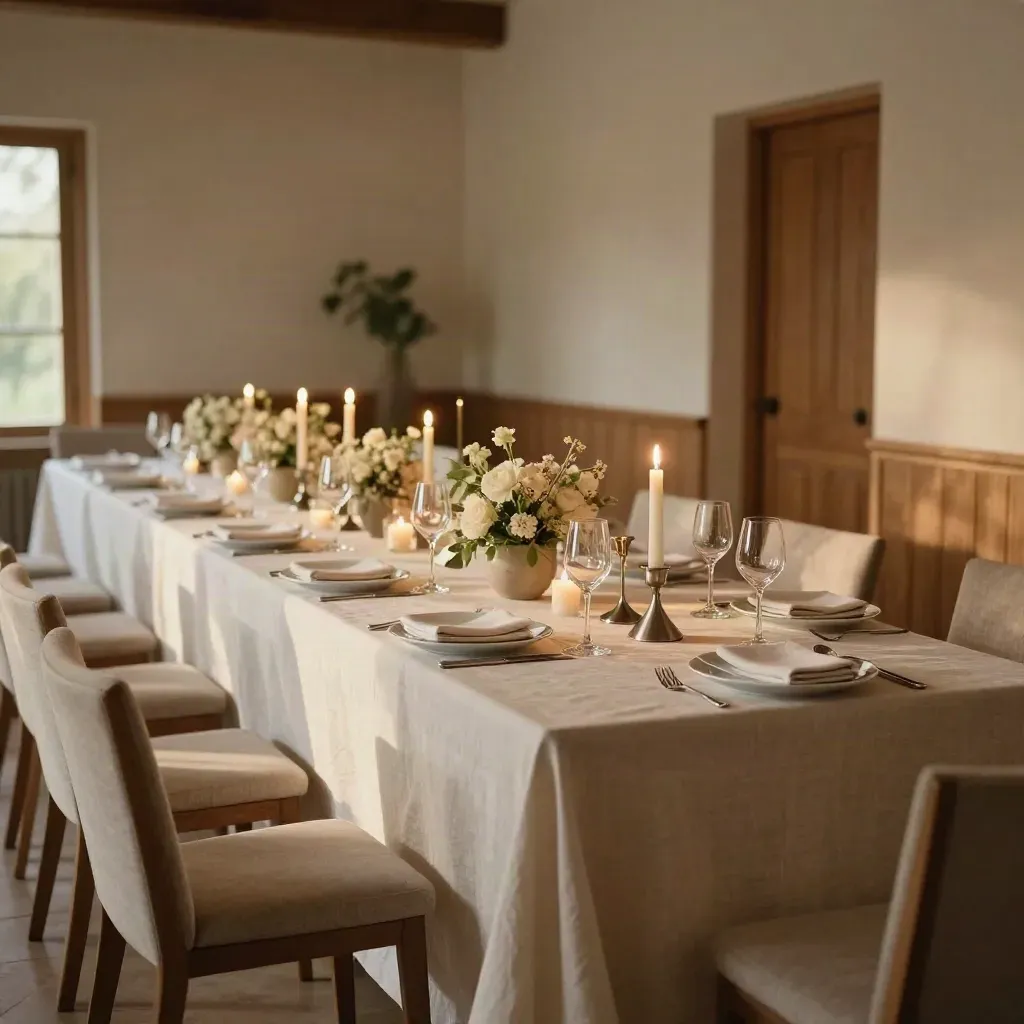 Festlich gedeckter privater Speiseraum im Resort mit langem Tisch und Kerzenlicht