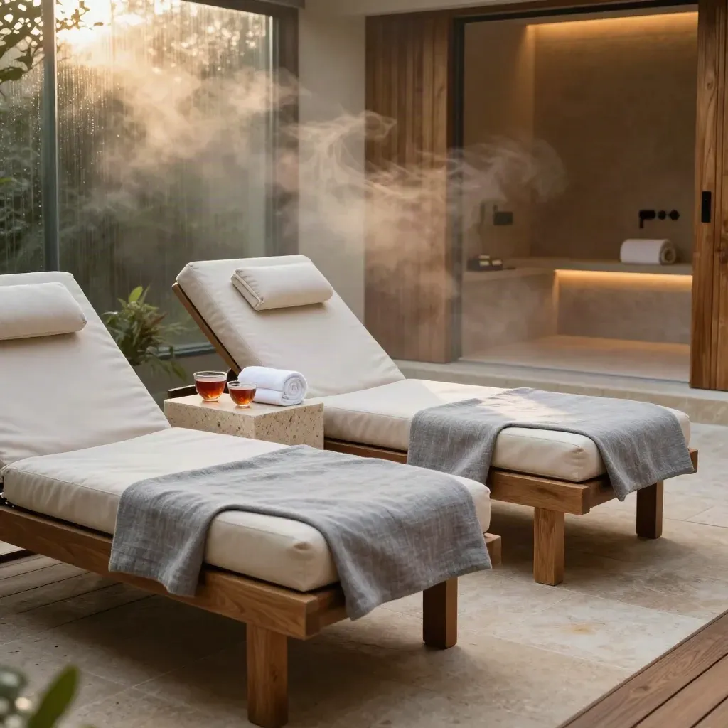Ruhige Spa-Lounge mit zwei Liegen, Handtüchern, Teetassen und Blick ins Dampfbad.