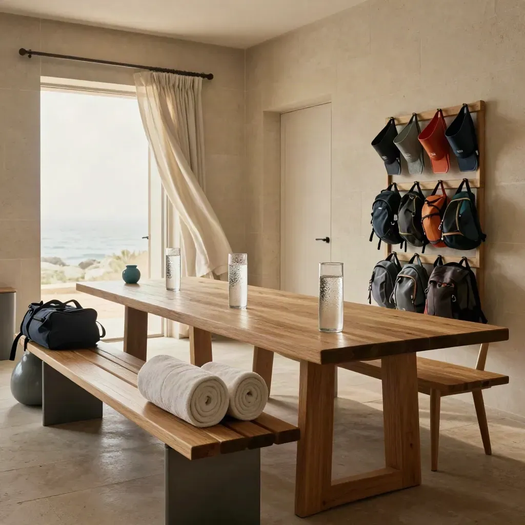 Frühes Frühstückszimmer mit Tischen, Wasserkrügen, Bootbank und Sportgepäck am Ausgang.