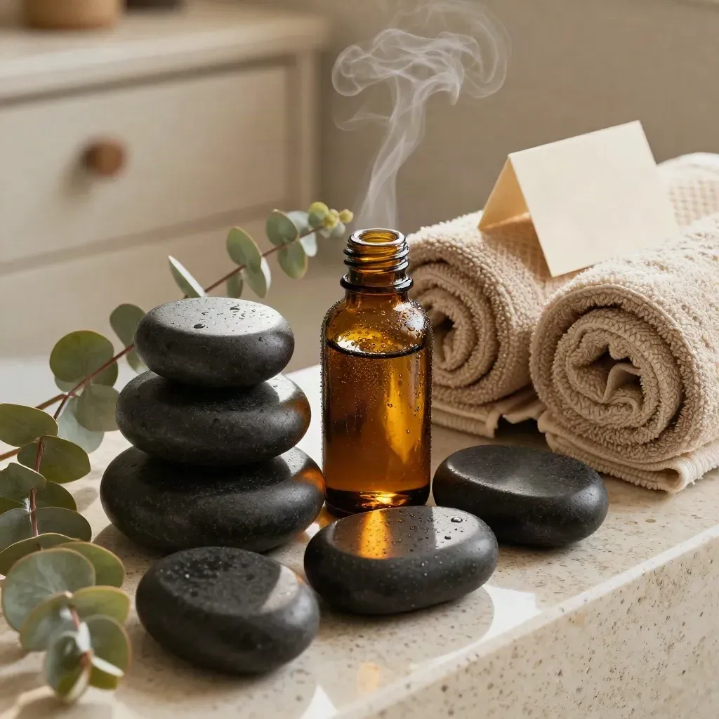 Basalt-Massagesteine, Ölflasche, Eukalyptus und Handtücher auf hellem Travertin im Spa.