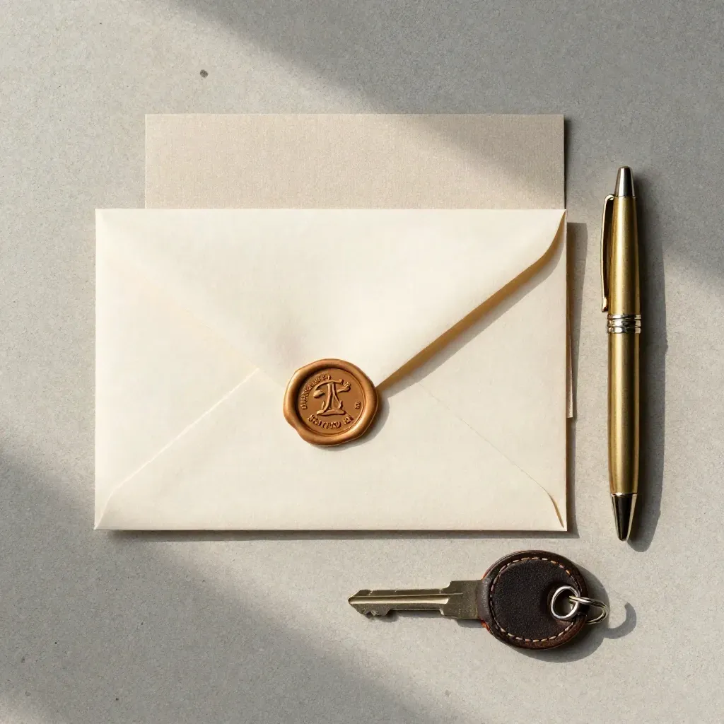 Flache Stillleben-Ansicht mit versiegeltem Umschlag, Leinenkarte, Messingstift und Zimmeranhänger.