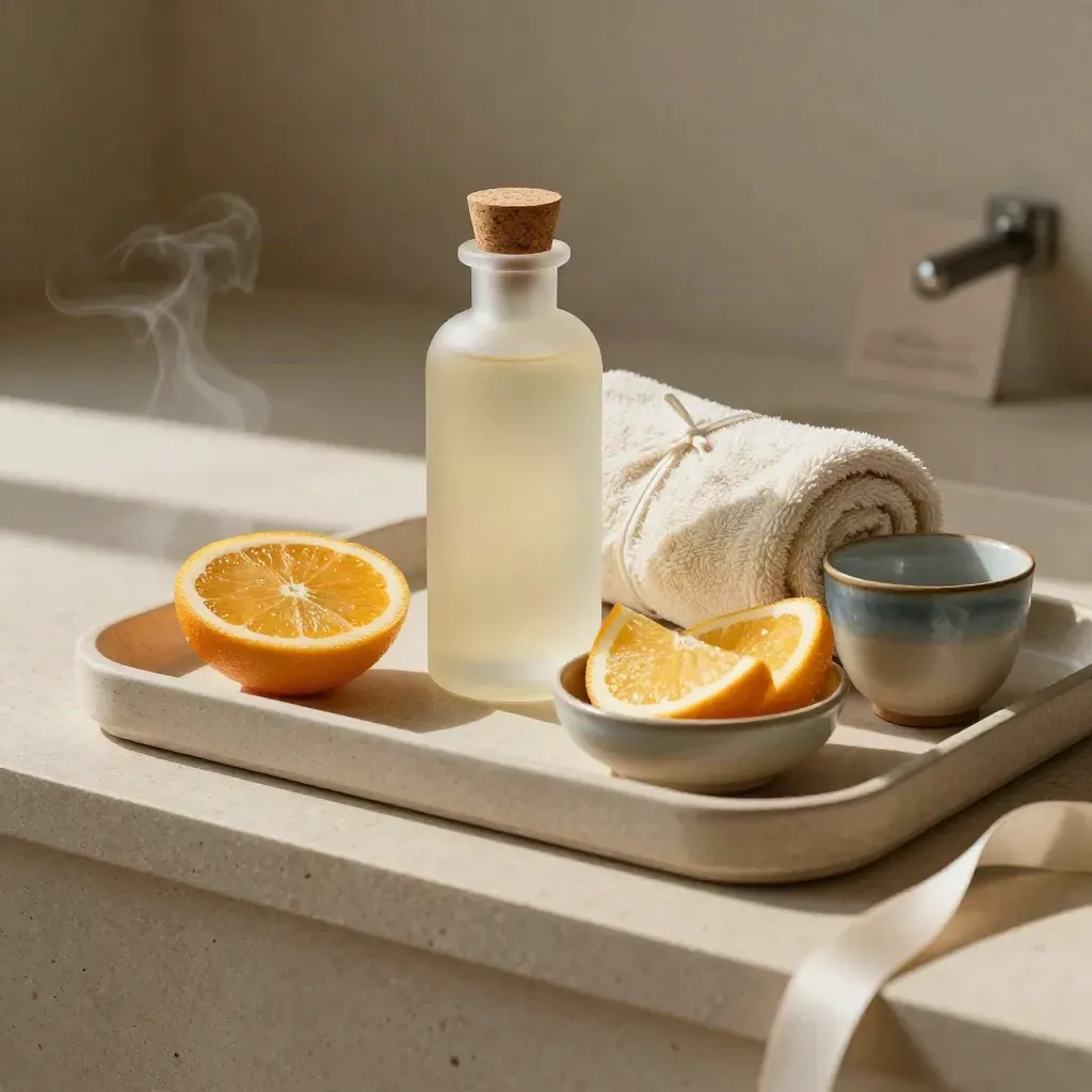 Spaölflasche, Handtuch, Zitrusschale und Frühstückstasse auf einer Steinshelf