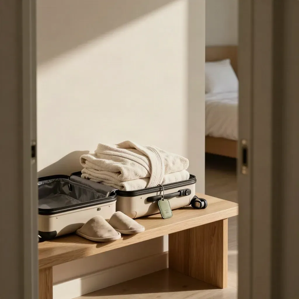 Offener Koffer mit Bademantel, Pantoffeln und Zimmerschlüssel auf einer Bank im hellen Zimmer.