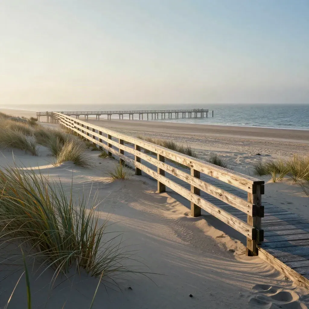 Dünenküste bei Timmendorfer Strand mit Holzsteg, Strandhafer und goldener Abendstimmung