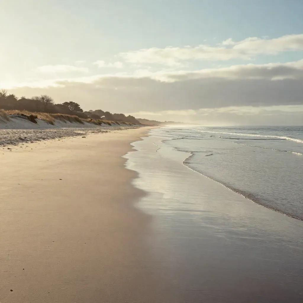 Blick über die Lübecker Bucht mit ruhigem Strand und weichem Nachmittagslicht
