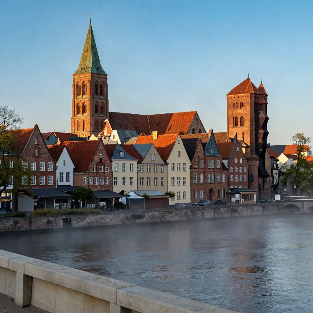 Lübecker Kirchtürme über der Trave im Abenddunst