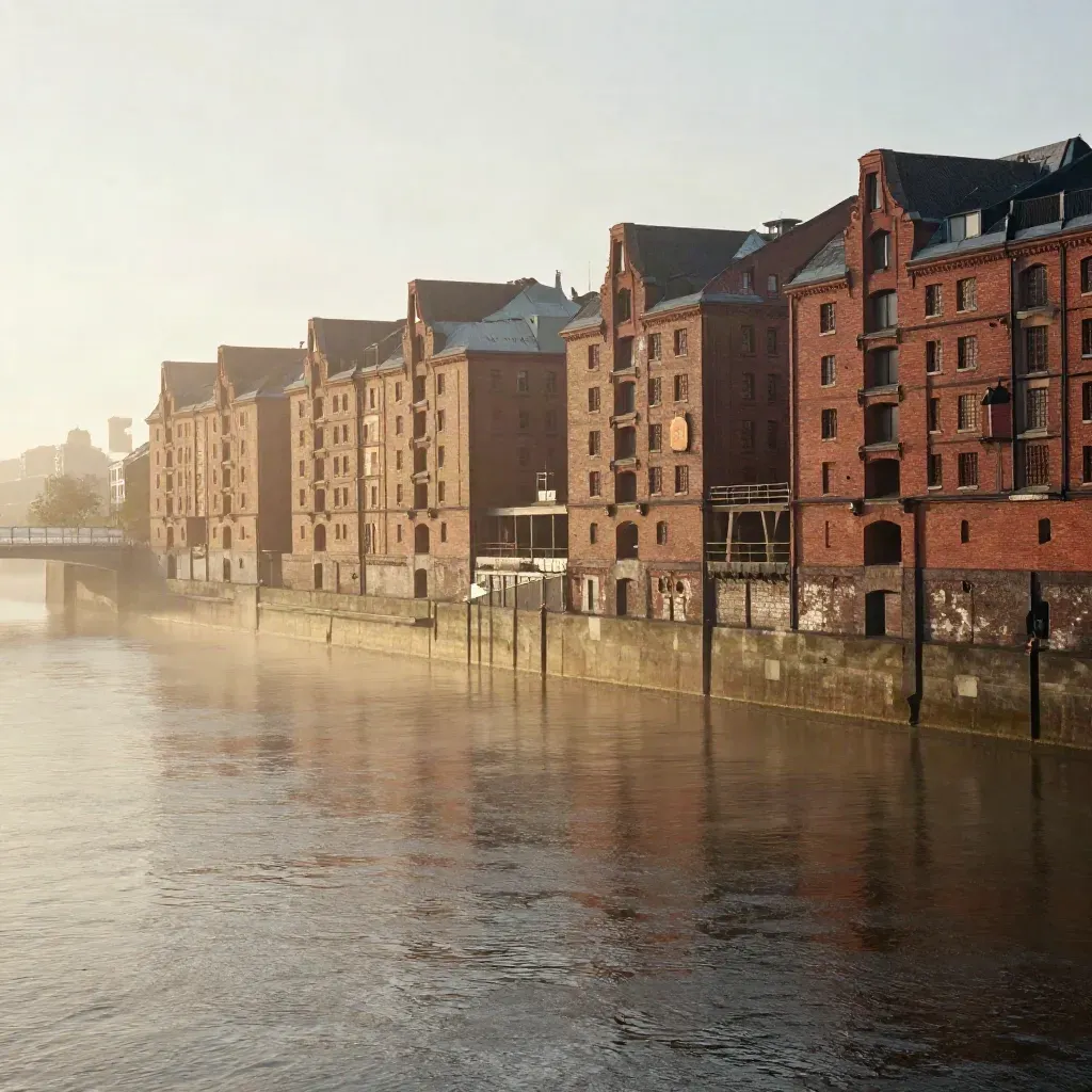 Nebliger Hamburger Hafen mit roten Speicherhäusern, nasser Kaimauer und ruhigem Wasser im Morgenlicht