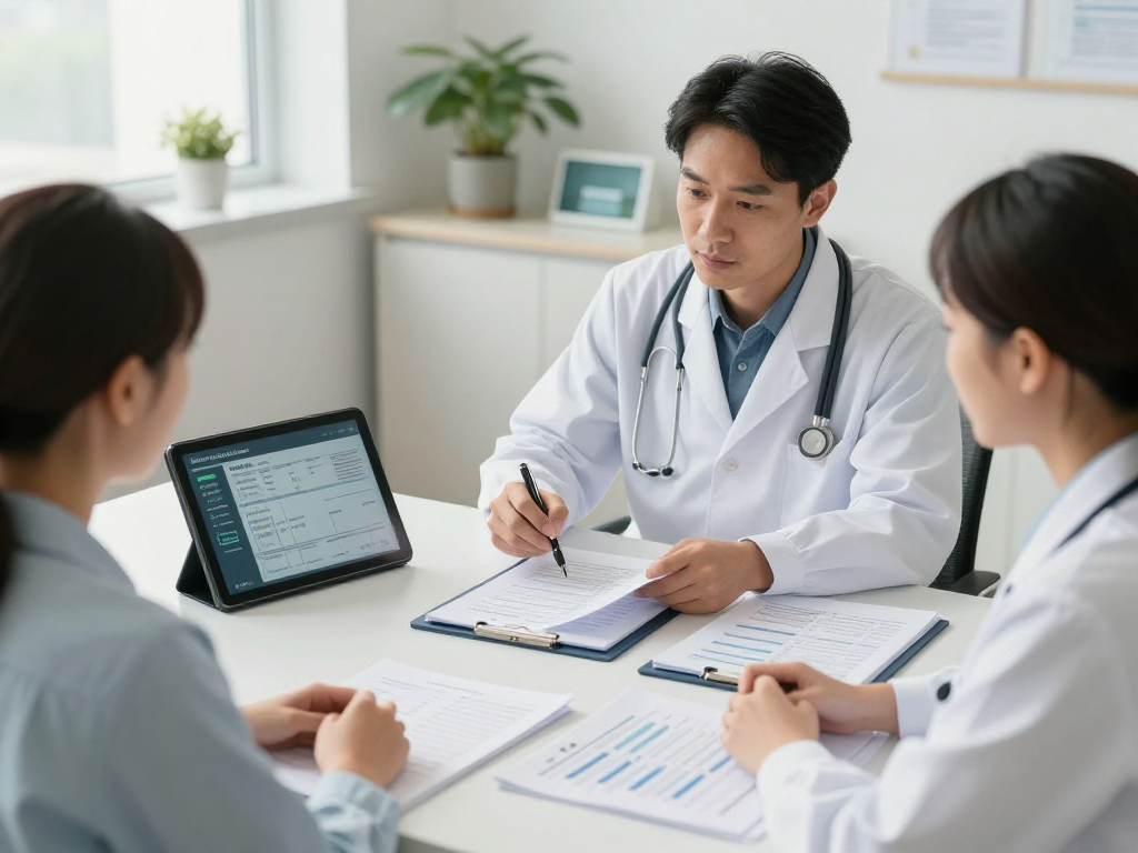 Gesundheitswesen Arzt: Arztbesprechung über Datenschutz und Barrierefreiheit in der Arztpraxis.