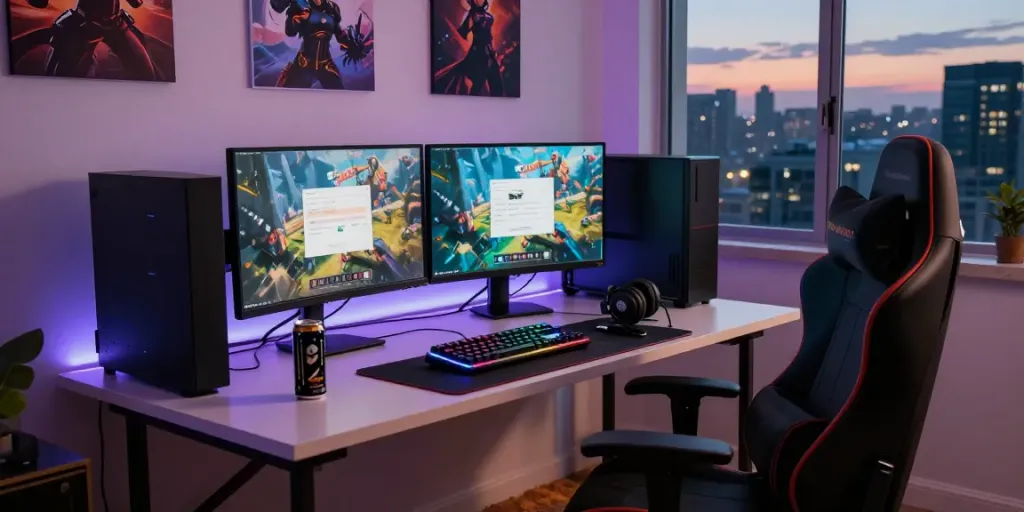 Engaged gamer at modern desk immersed in rokok88 login interface on dual monitors amidst vibrant gaming atmosphere.