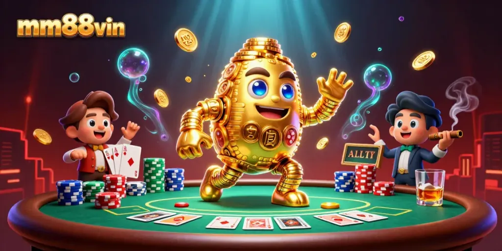 Engage with mm88vin's vibrant casino adventure featuring the golden golem surrounded by poker elements.