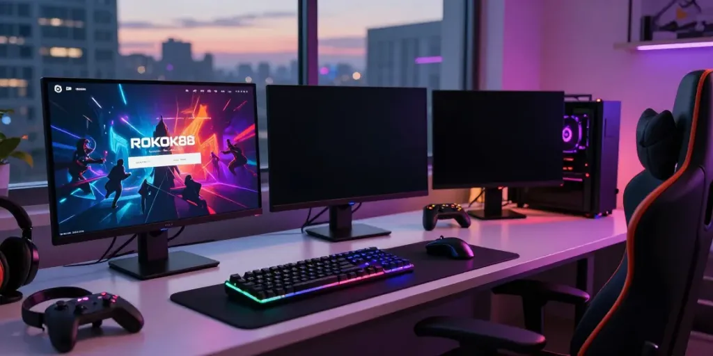ROKOK88 login screen on a vibrant gaming desktop setup with accessories