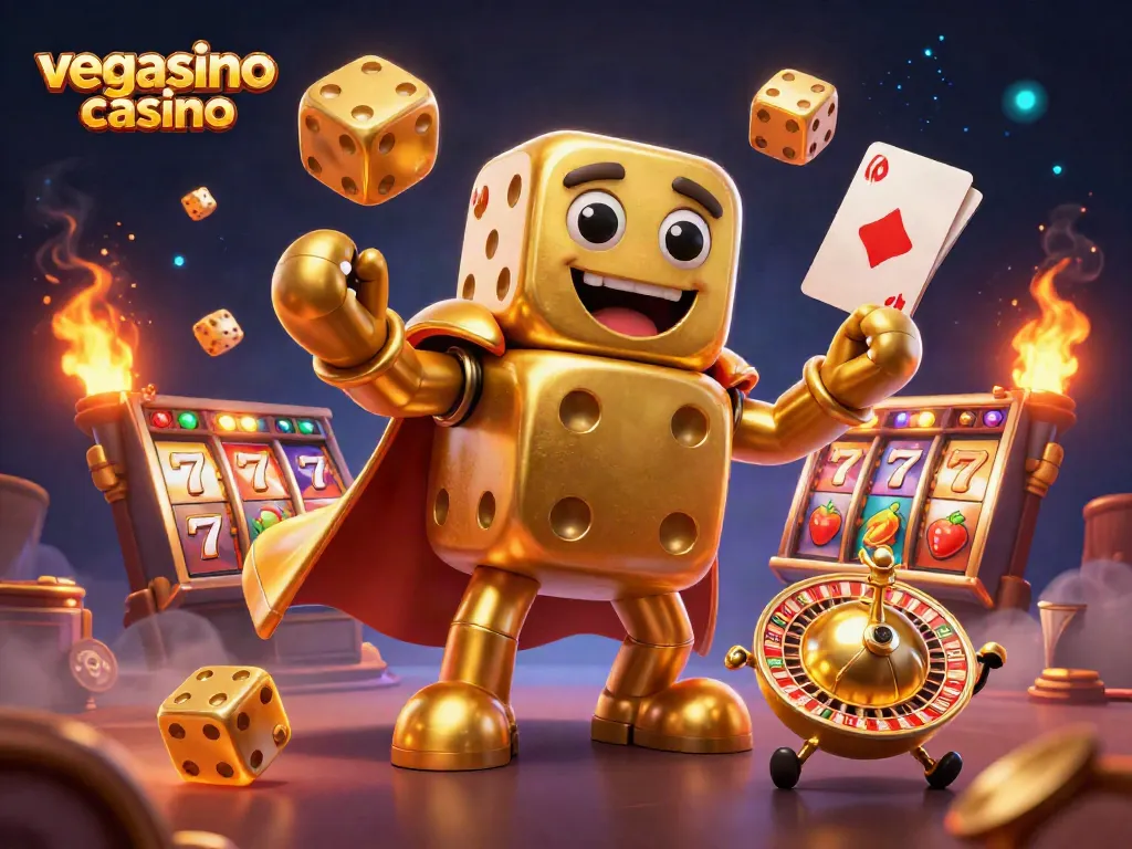 Experience excitement at vegasino casino with golden dice and slot reels in a vibrant, action-packed illustration.