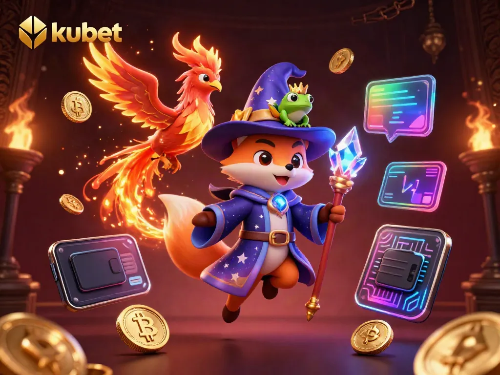 Engage in thrilling gameplay with kubet, surrounded by magical characters and cryptocurrency elements in this vibrant scene.