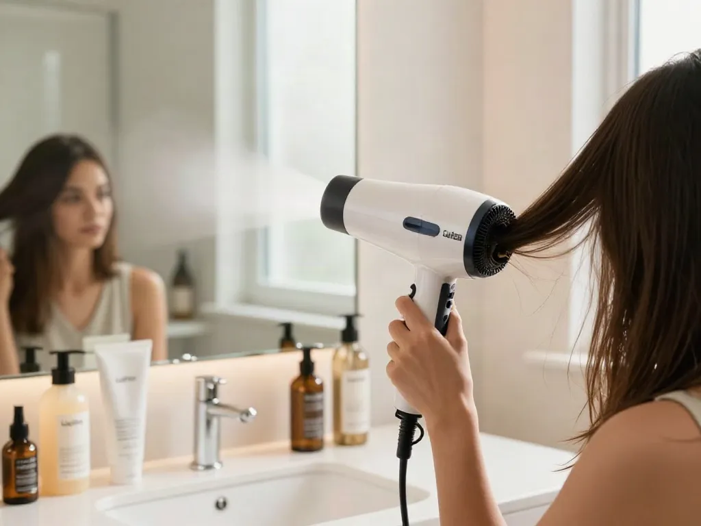 Laifen Föhn in Verwendung beim Haartrocknen mit Pflegeprodukten im modernen Badezimmer