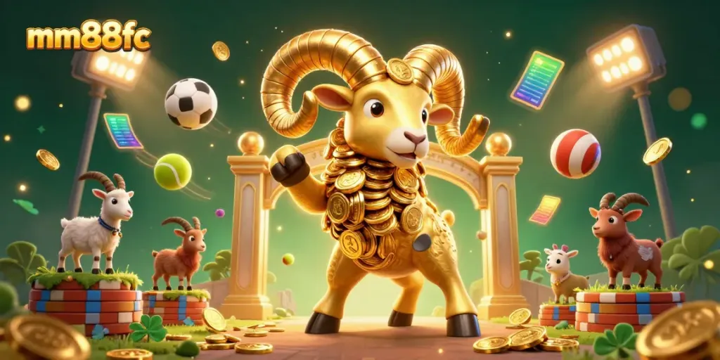 Experience thrilling action with mm88fc as a golden ram charges through a vibrant casino scene.