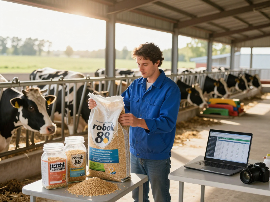 rokok 88 livestock feed inspection in modern barn environment.