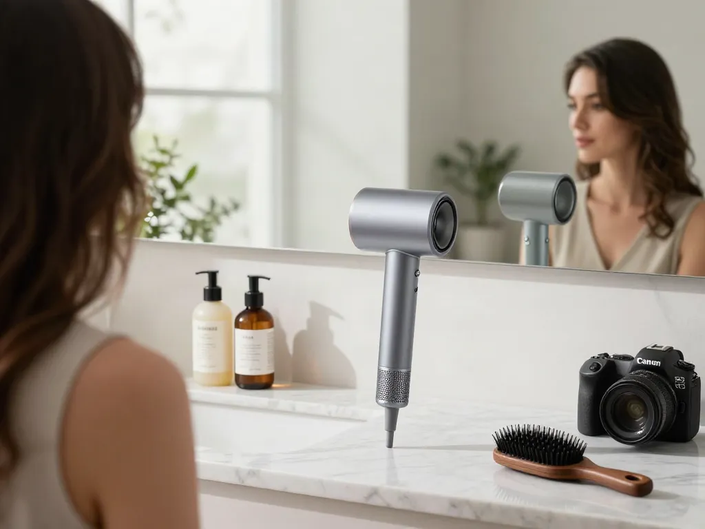 Laifen Föhn Haarfön auf modernem Badezimmerwaschtisch mit Haarpflegeprodukten