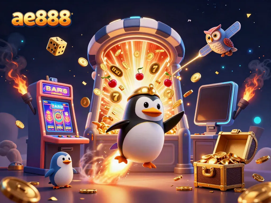 Watch the exciting journey of ae888's golden penguin racing toward a vibrant casino!